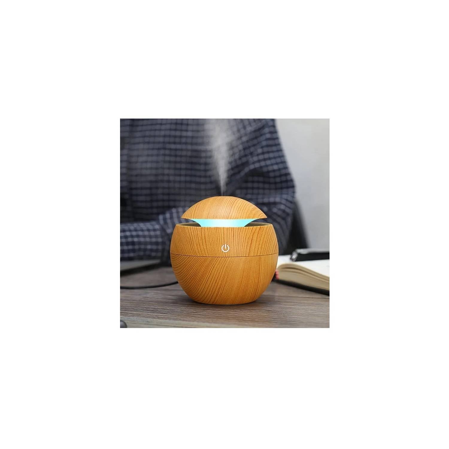 Humidificador Ultrasónico Redondo 130 ml – Estilo Madera con Luz LED