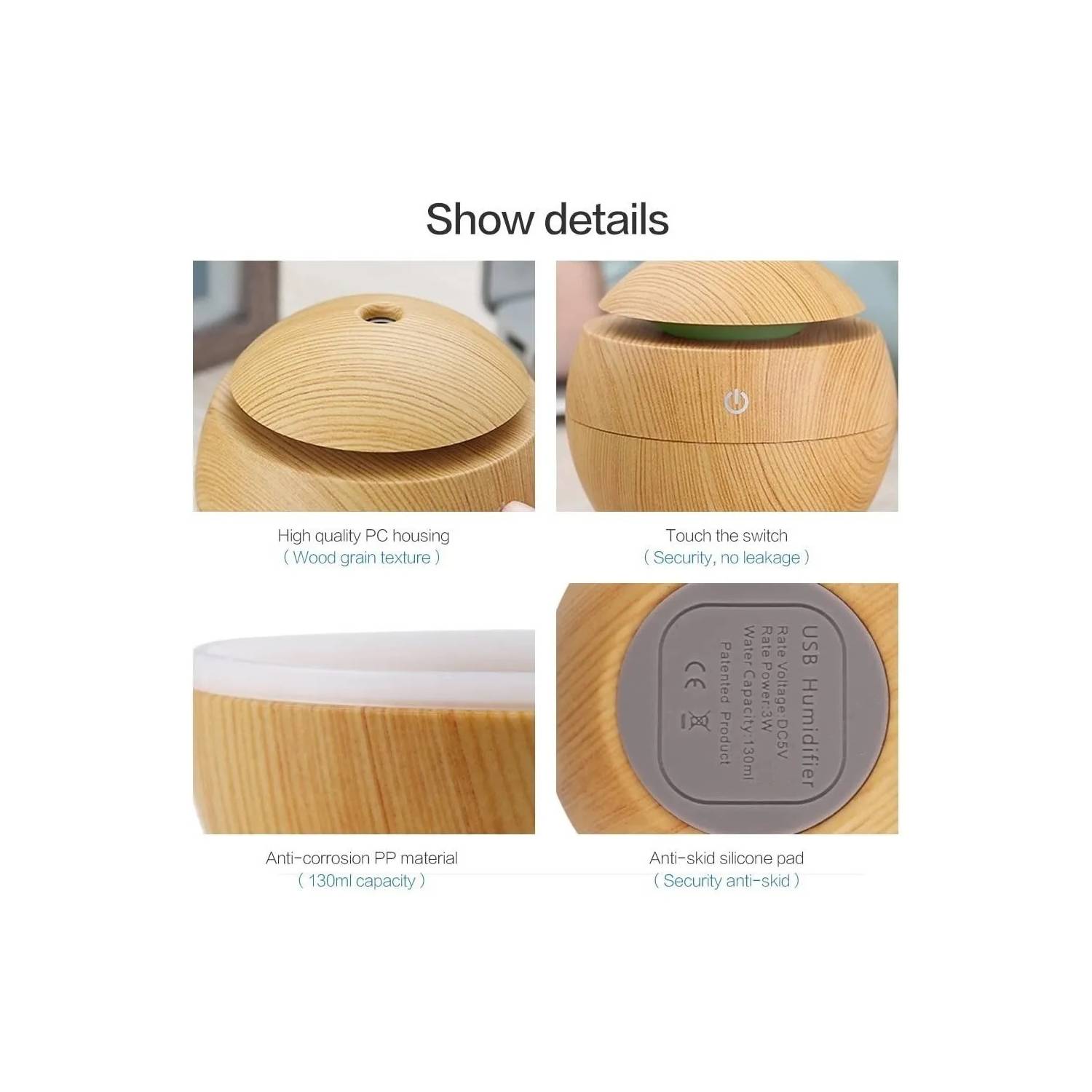 Humidificador Ultrasónico Redondo 130 ml – Estilo Madera con Luz LED