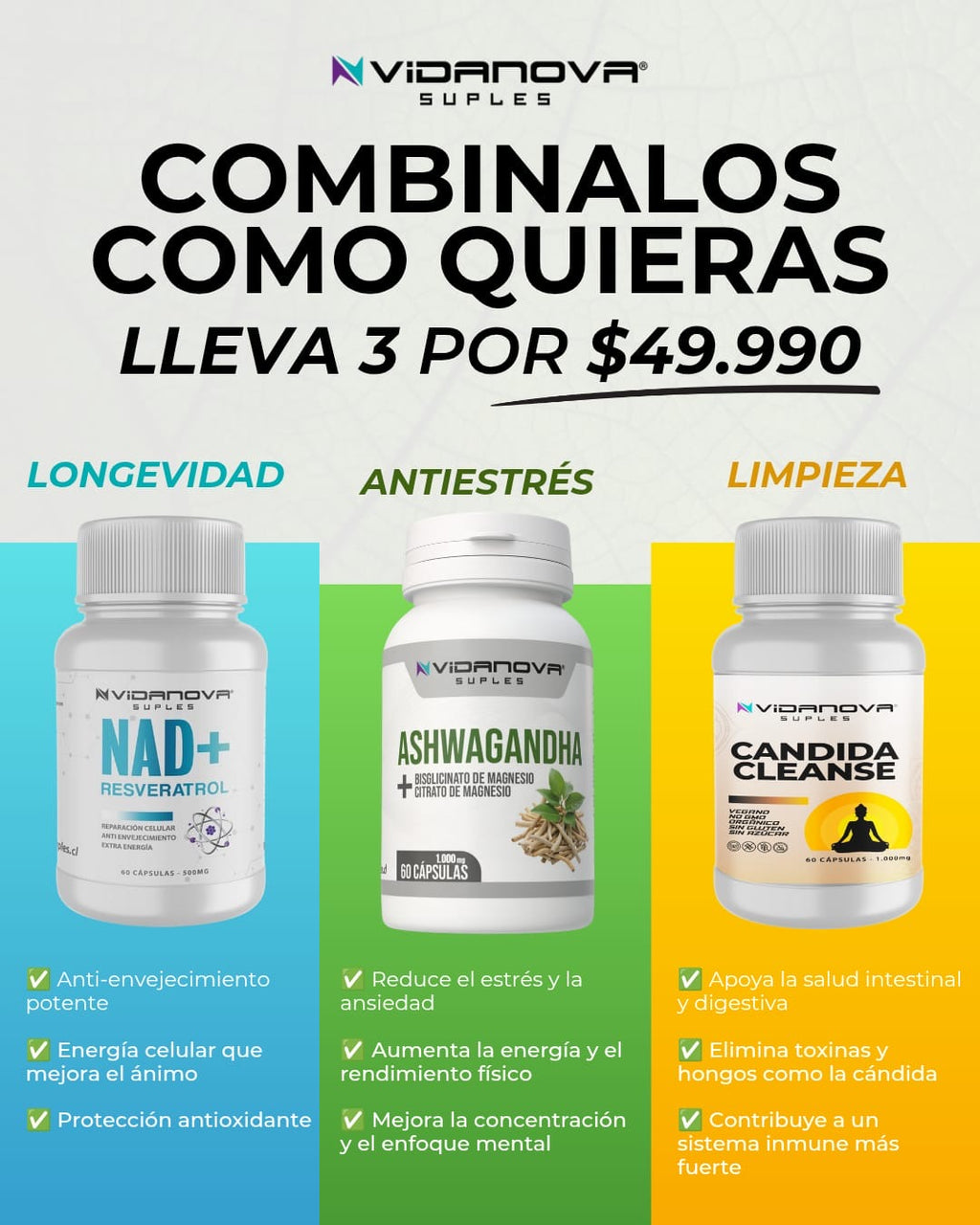 PACK x3 suplementos NAD, Ashwagandha y Candida Cleanse