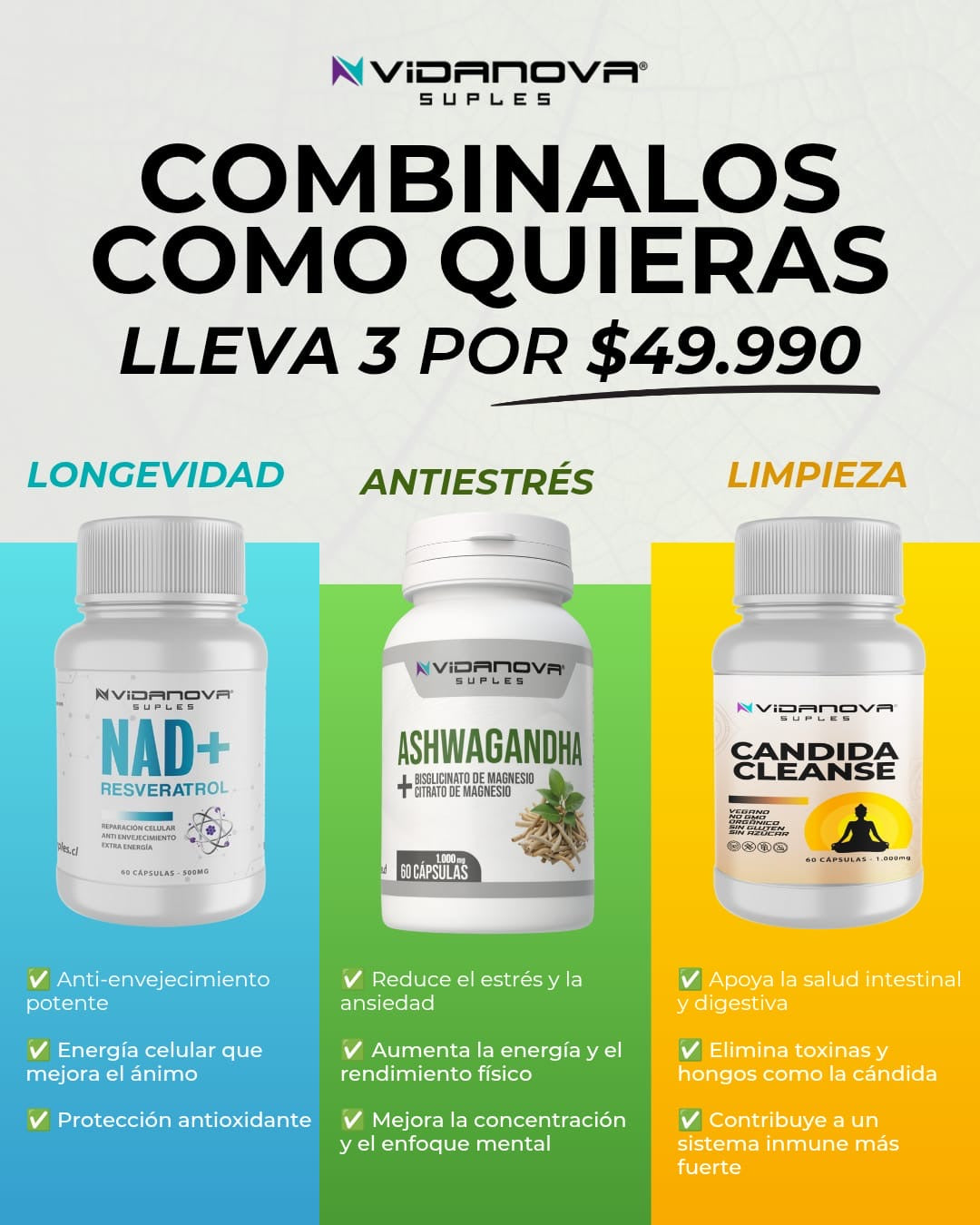 PACK x3 suplementos NAD, Ashwagandha y Candida Cleanse