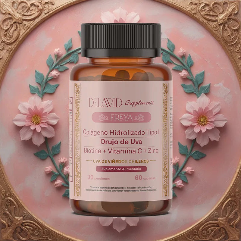 Frasco de Delavid Freya con colágeno Peptan y vitamina C