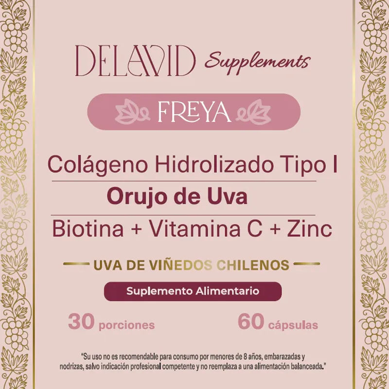 Ingredientes Delavid Freya: colágeno, zinc, biotina y polifenoles
