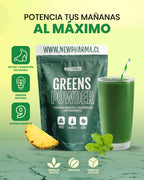 Greens Powder NewPharma envase y vaso de batido verde