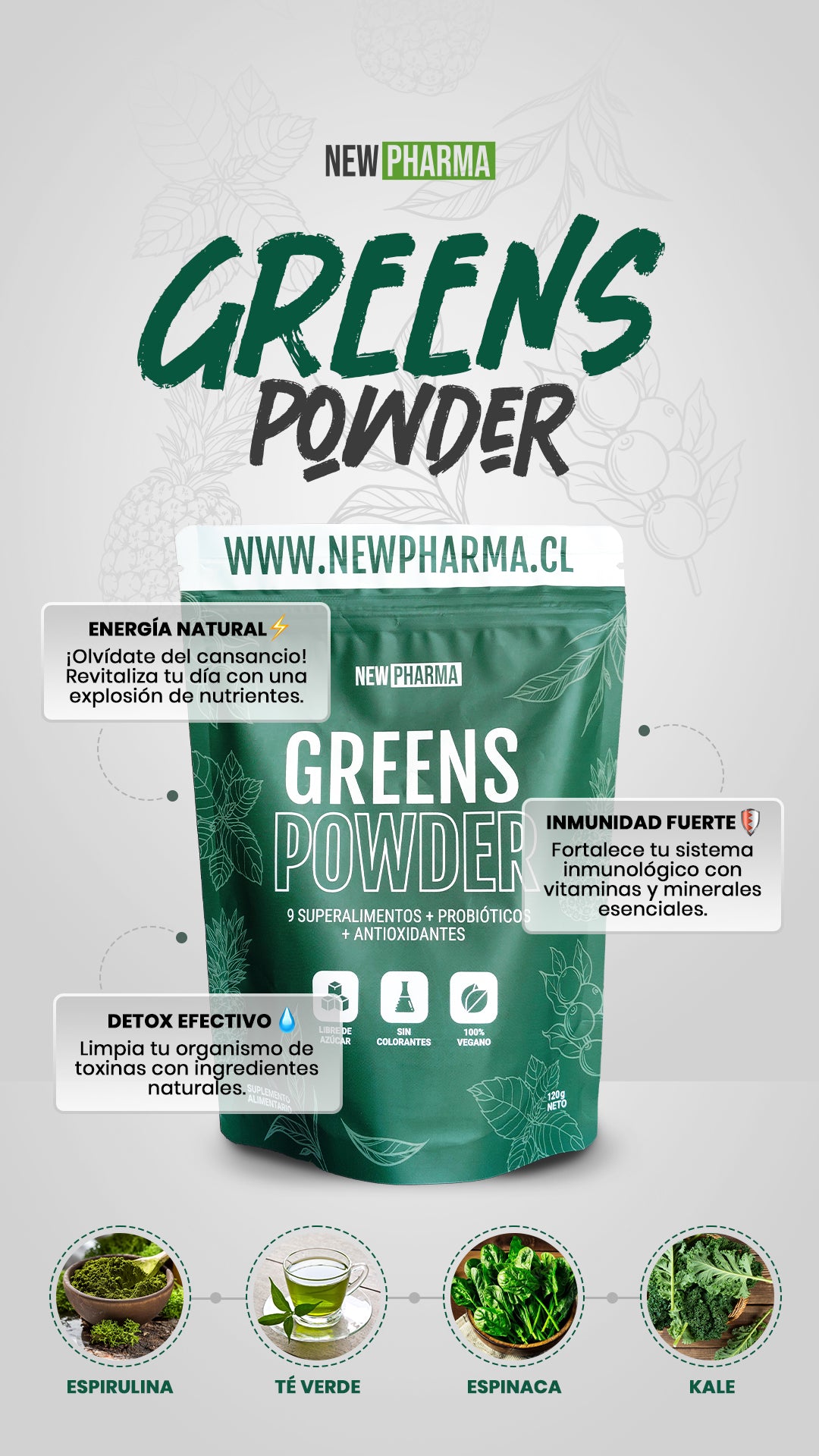 Greens Powder vegano para salud digestiva y vitalidad