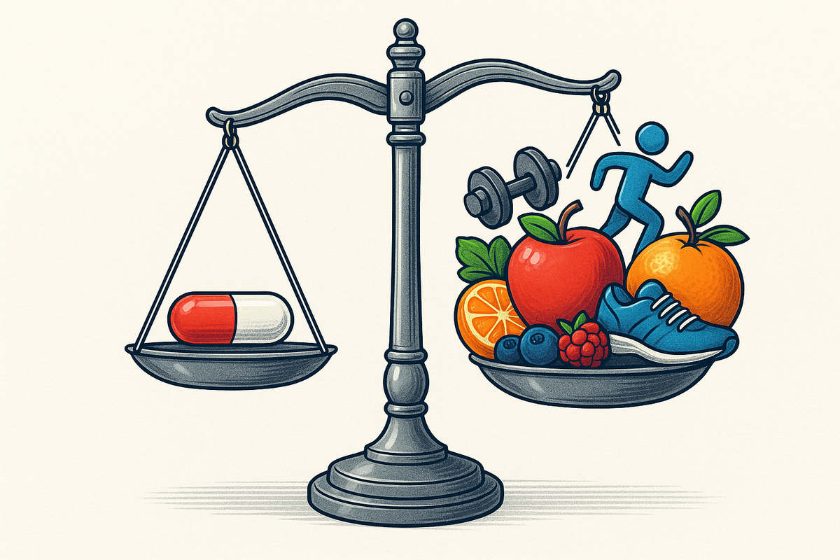 ilustración de una balanza con una pastilla en un lado y frutas/ejercicio en el otro