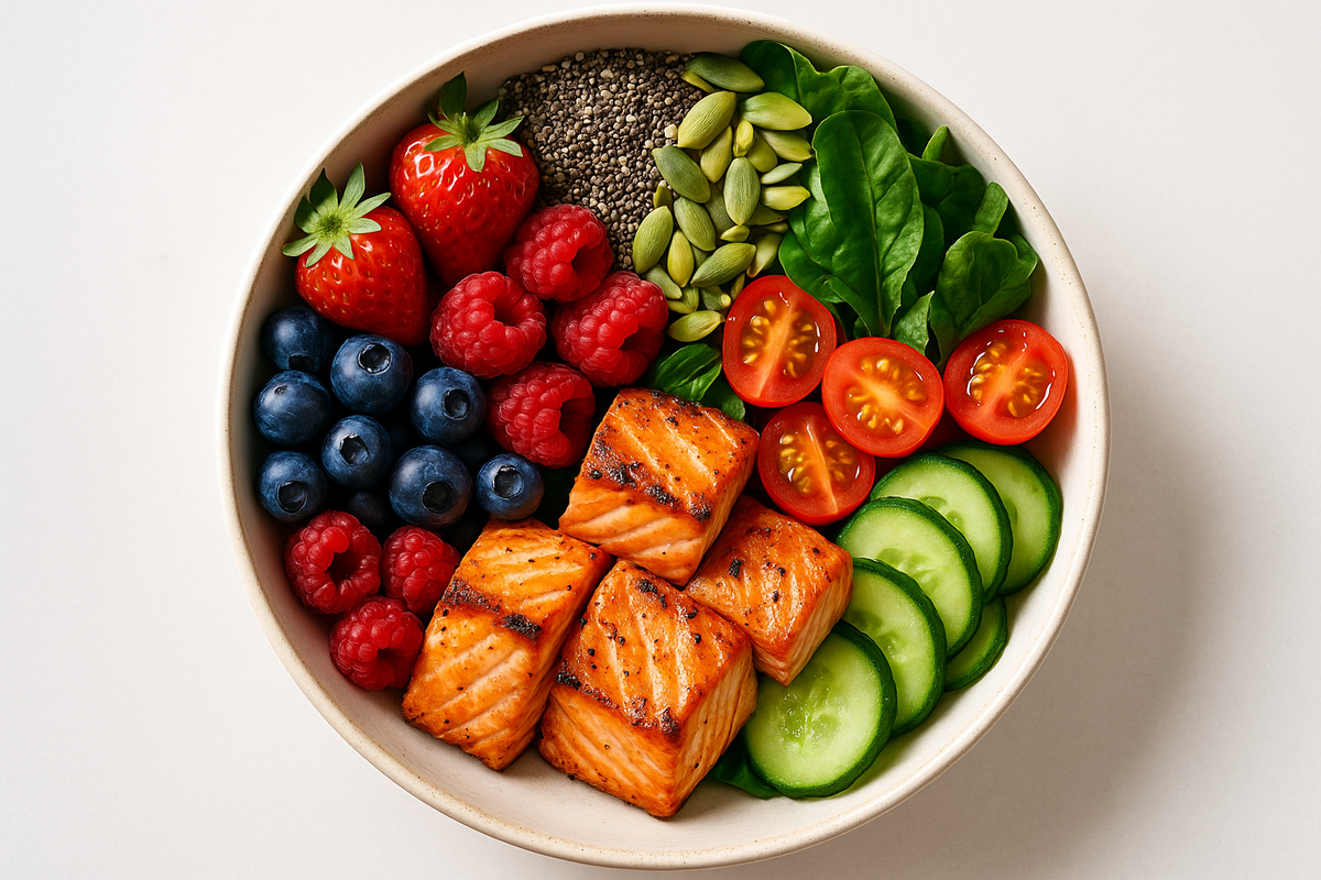 un bowl colorido con frutos rojos, semillas, vegetales y salmón.